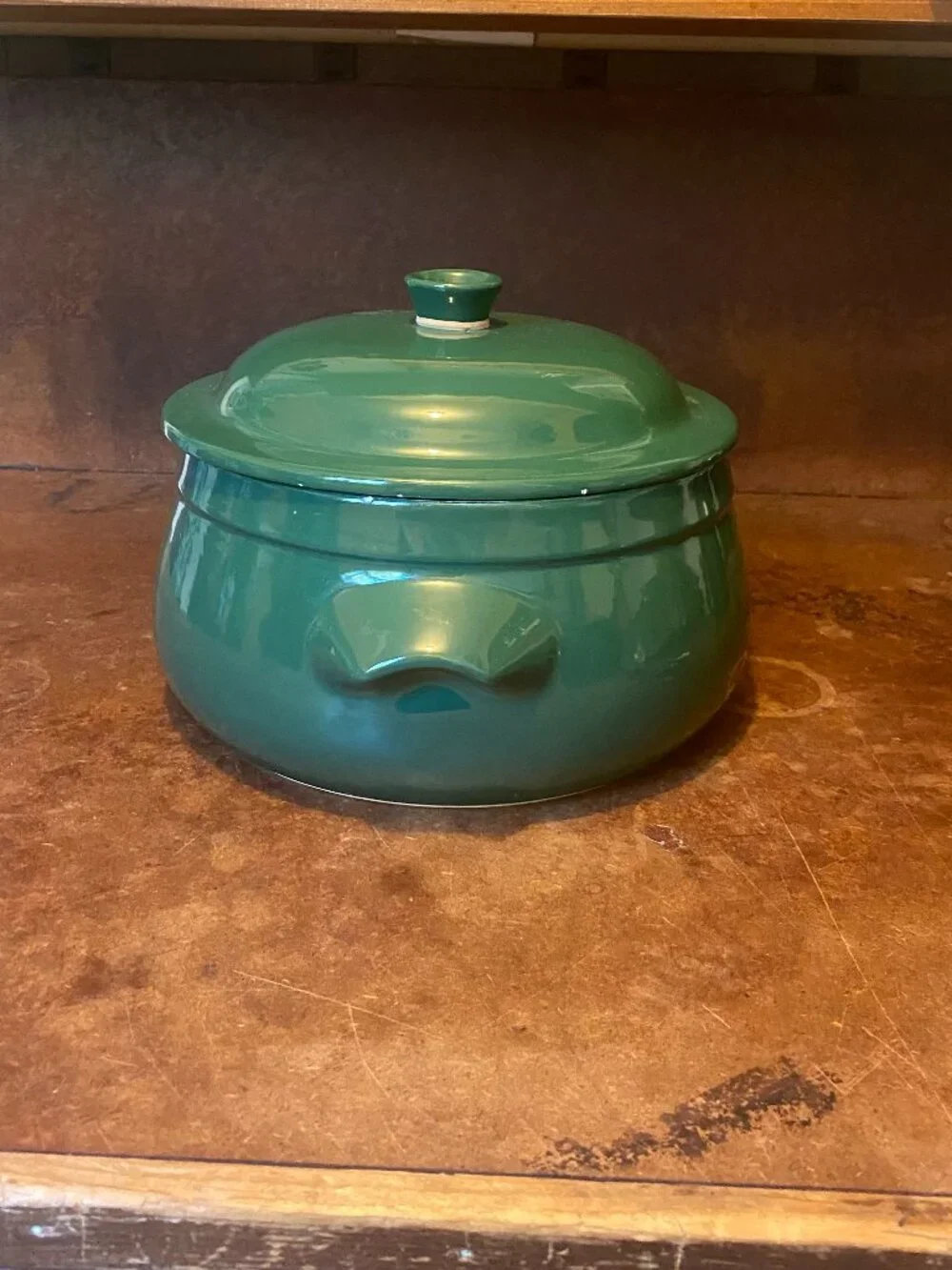 1990s Emile Henry Forest Green Round Ceramic Casserole Dutch Oven Vintage